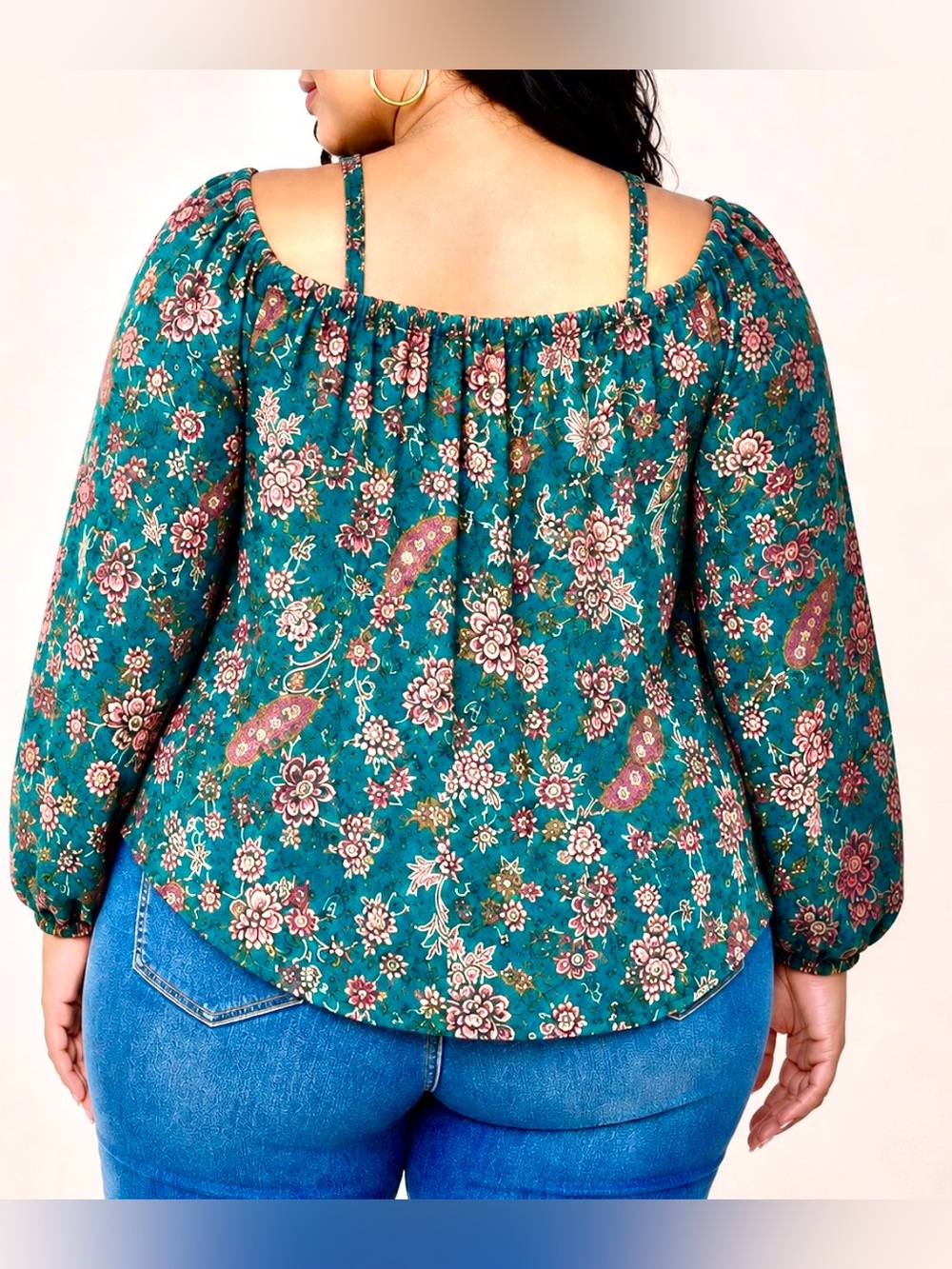 Teal Floral Crisscross Peasant Top off shoulder Women’s XL new without tag - Picture 3 of 3